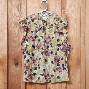 Joie Ruffle Sleeveless Sheer 100% Silk Blouse, Medium, Green, Black, & White